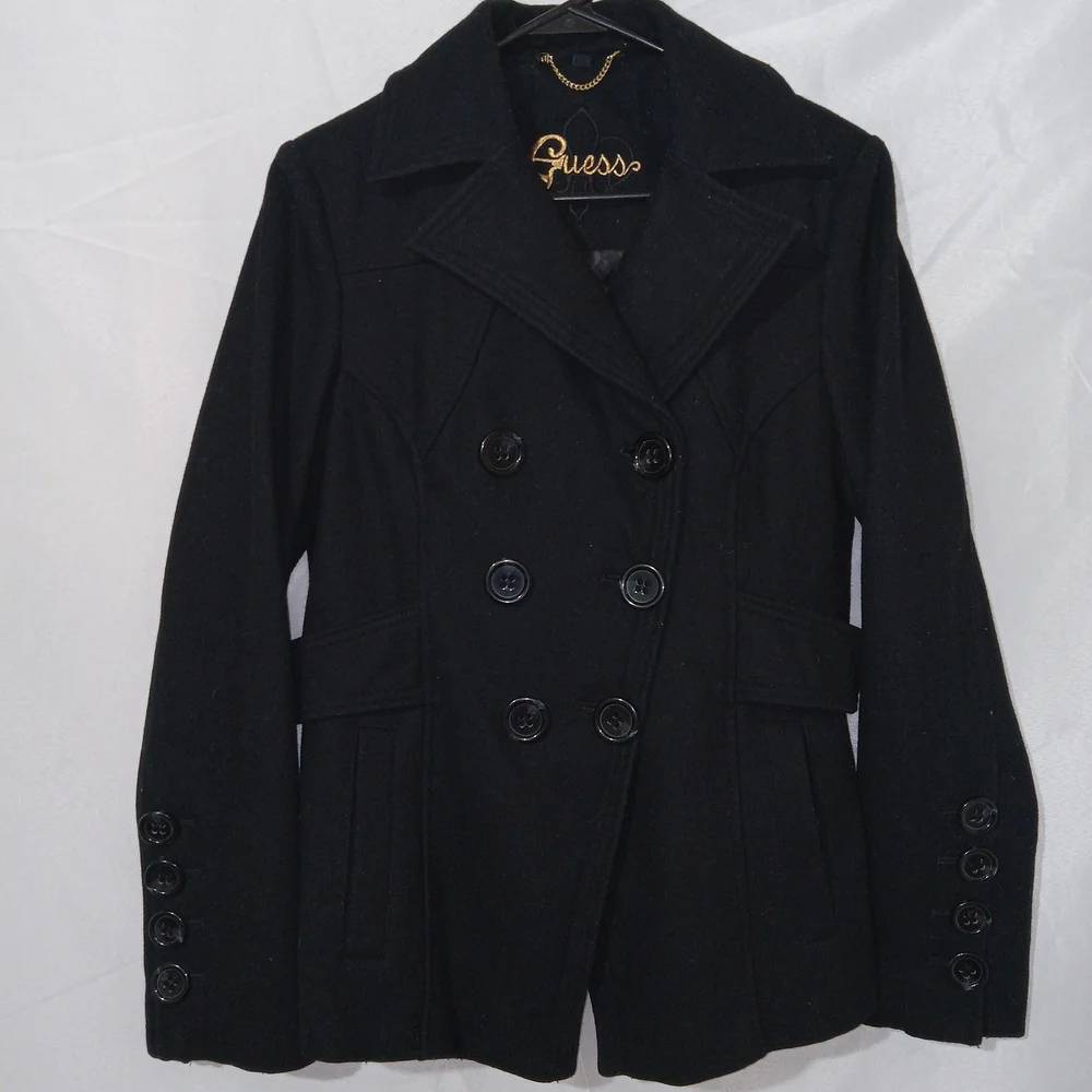GUESS Jacket Womens Medium Double Breasted Wool Blend Pea Coat Preppy Vintage